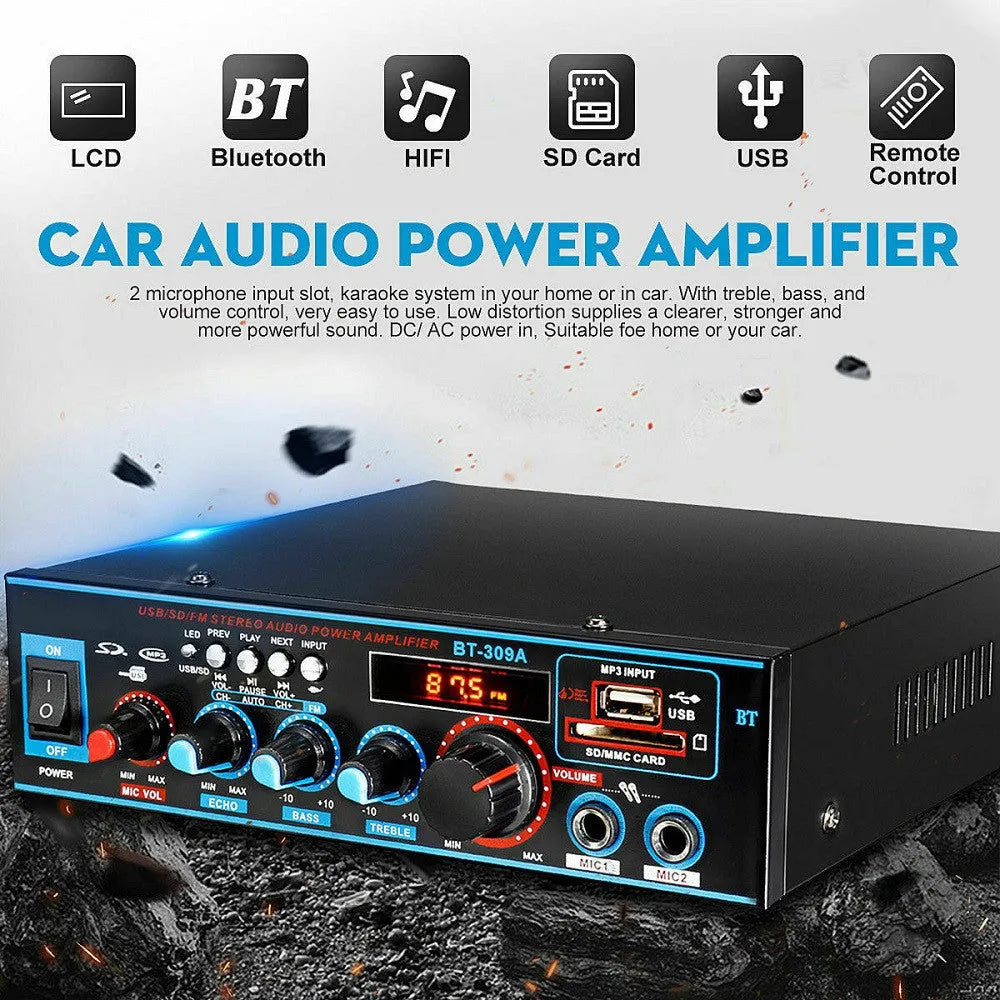 Black BT-309A-A dual-purpose home and car power amplifier with Bluetooth and FM radio.