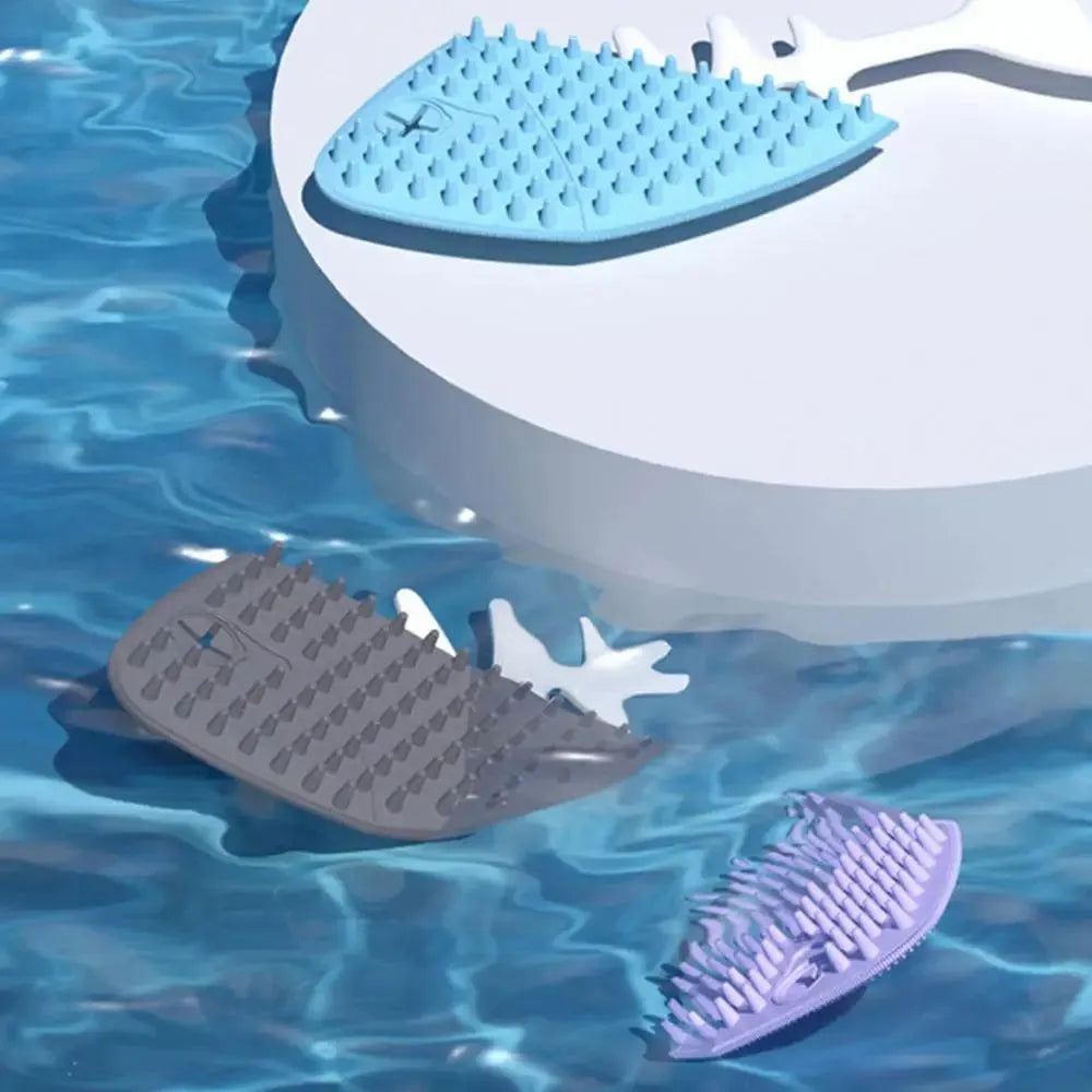 Fishbone-shaped cat brush for indoor pets, available in blue, gray, and purple colours