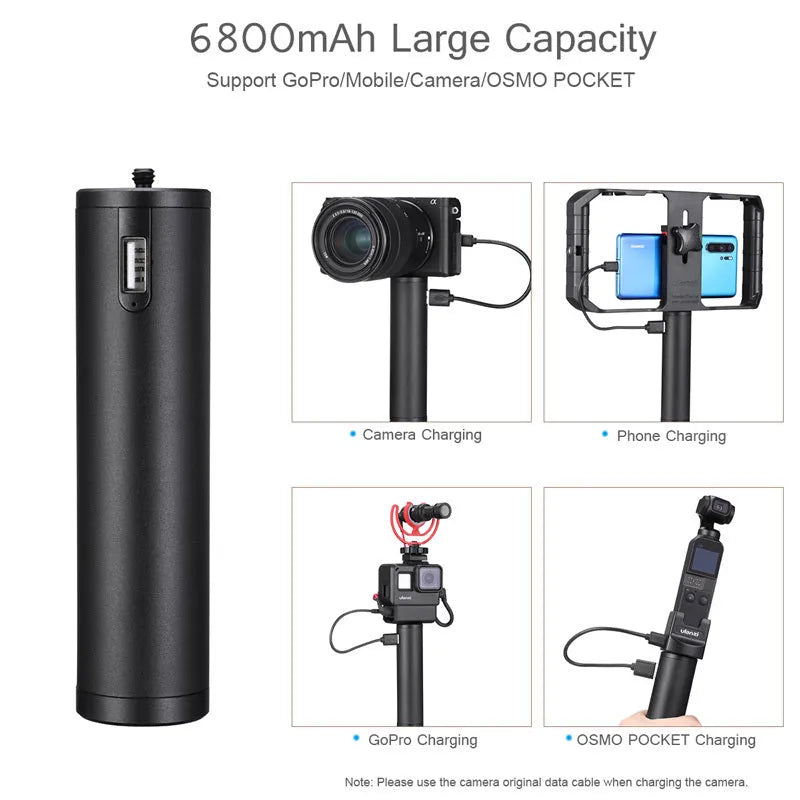 Black aluminium alloy power bank with carry handle showing 6800mAh capacity.