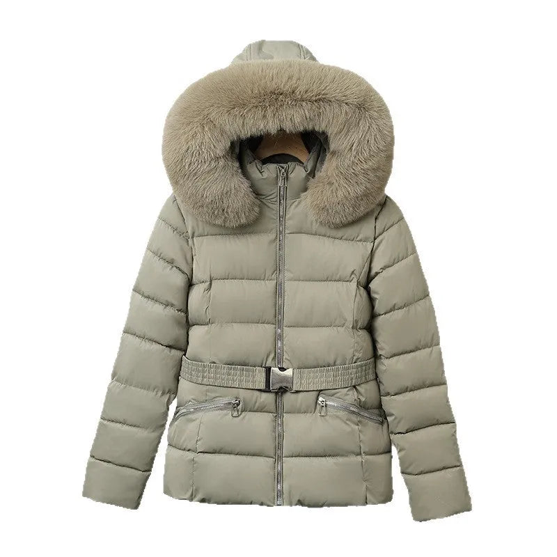 Women's brushed lining slim-fit cotton-padded coat in beige with detachable fur collar, front view