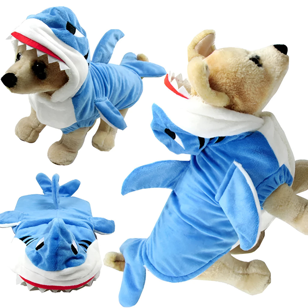 3D shark suit cosplay costume in blue or grey shearing fabric with embroidered eyes and zigzag-cut mouth