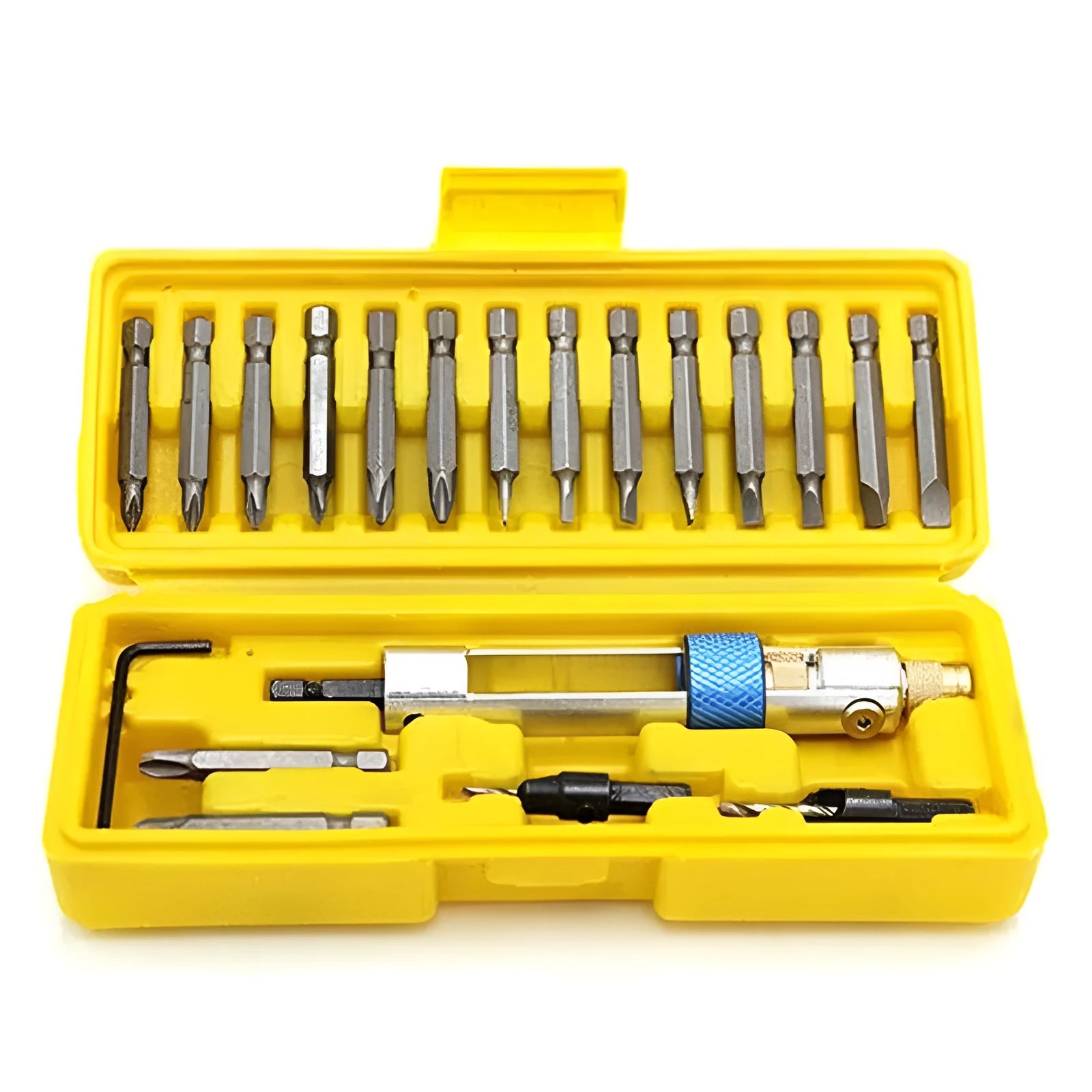 Half Time Drill driver attachment with swivel head and set of Phillips, flathead, and countersink drill bits
