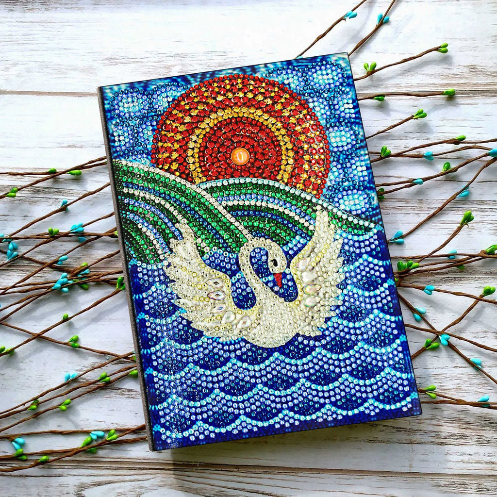 A5 notebook 142x207x8mm with 50 pages, diamond painting notebook in black, blue, butterfly, flower, owl, peacock, and snowman designs.