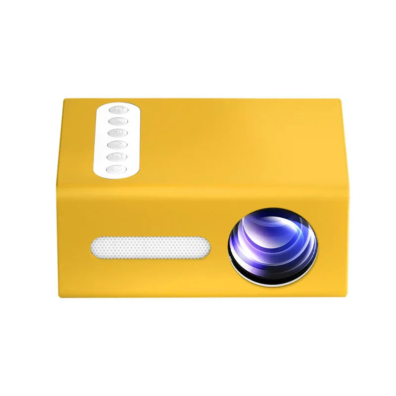 Mini LED projector in black, blue or yellow with HD 1080P support, 16-100 inch screen, HDMI USB AV ports.