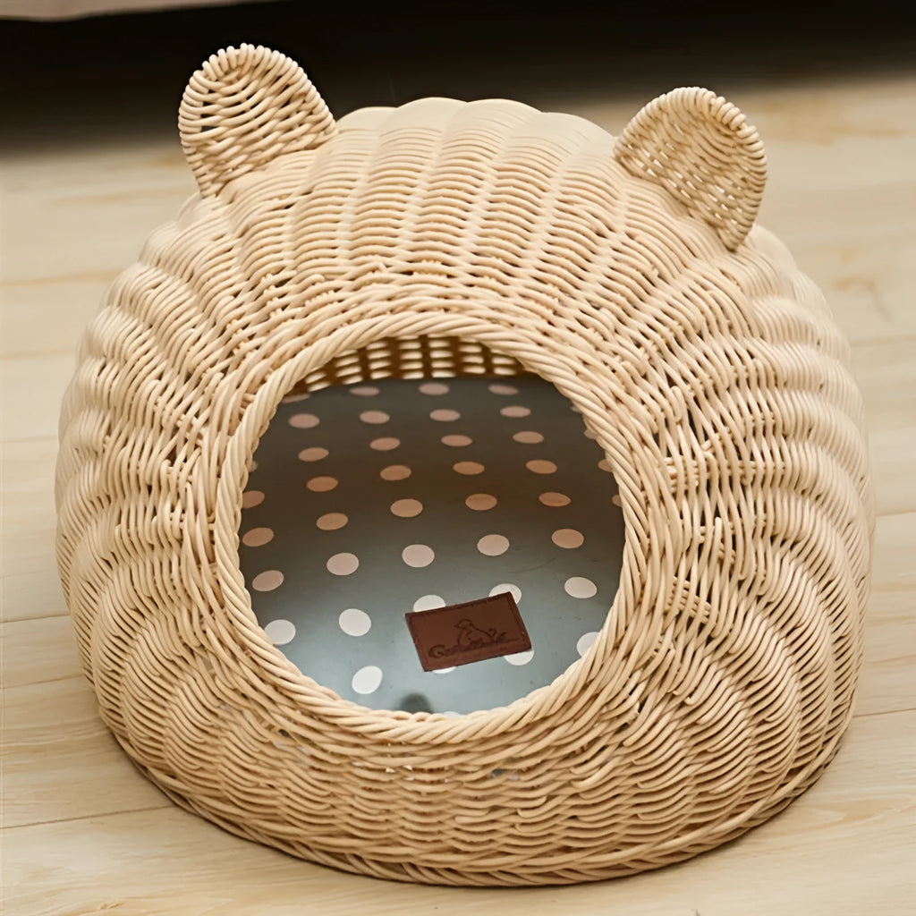 Beige rattan cat litter box with cat ear shaped top and fabric lining, medium size 42cm