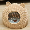 Beige rattan cat litter box with cat ear shaped top and fabric lining, medium size 42cm