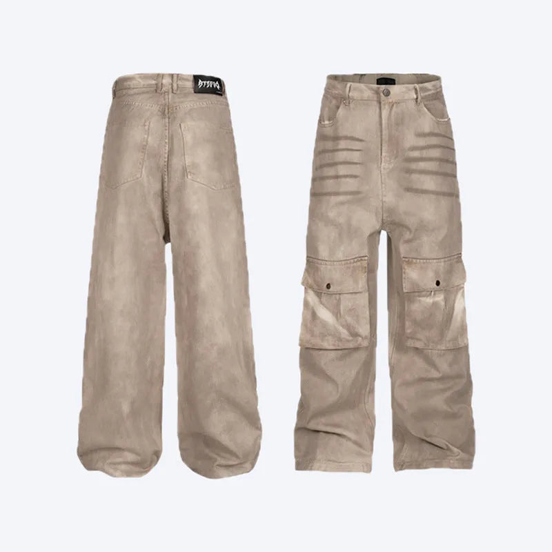 Women's dark marble wash straight leg loose fit denim casual trousers on a mid-waist