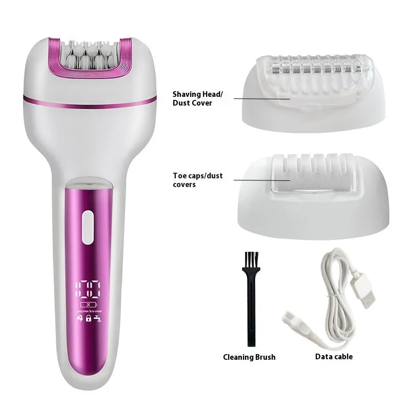 Pink three-in-one ladies electric depilator and lady shaver with USB charging, ABS body, and foot grinder attachment