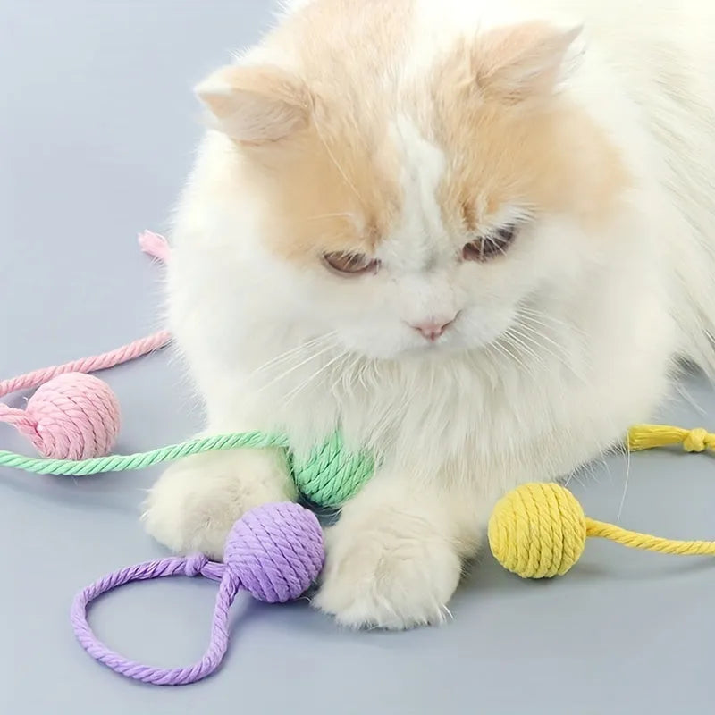 Colourful cat toy ball with attached rope, internal bell makes sound when rolled