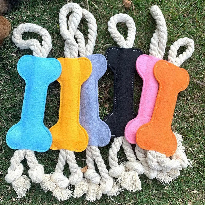 Bone-shaped felt dog chew toy in colour option for dental grinding