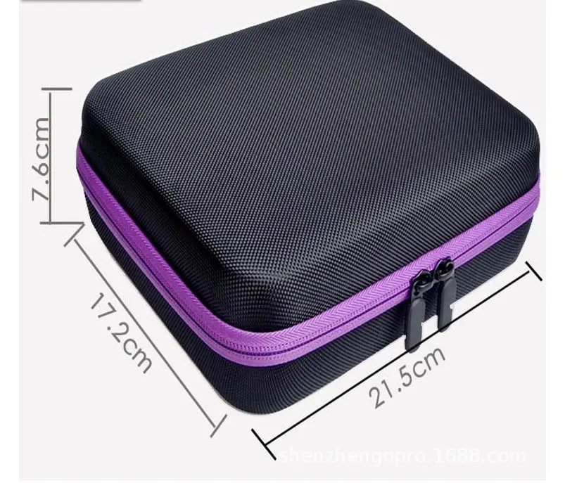 Red EVA essential oil storage bag with 30 clear compartments, shown with bottles, featuring a zip and wall mount.
