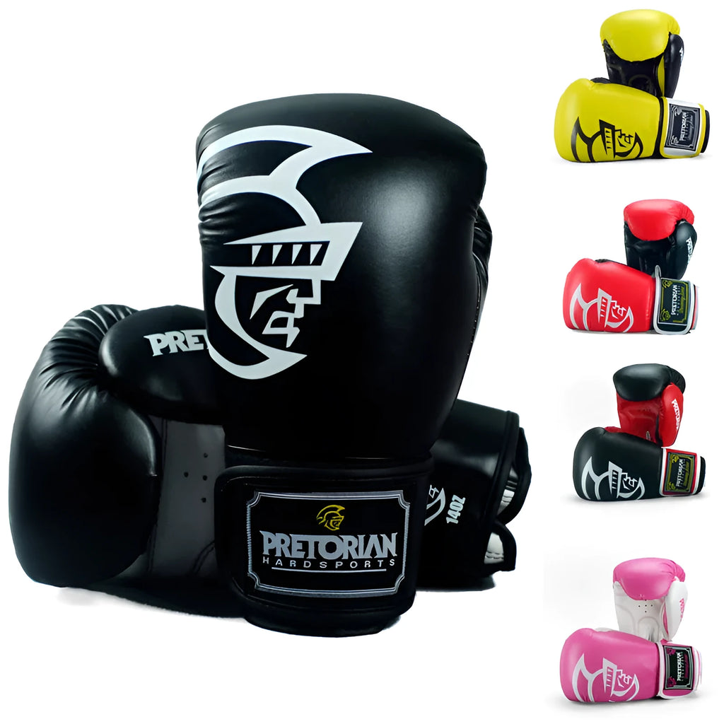 Junior professional fighting boxing gloves in black red colour, PU leather, 12oz size for martial arts training