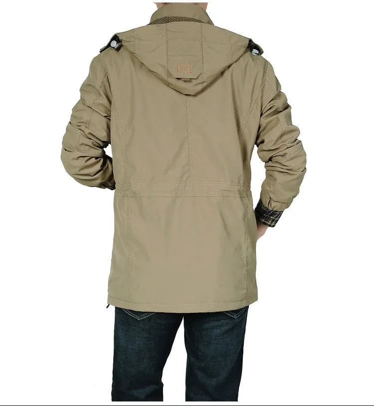 Men's spring casual waterproof breathable long hooded stand collar nylon jacket in khaki colour