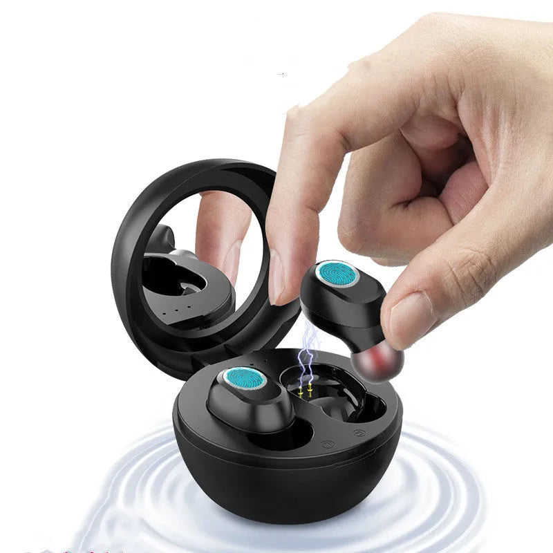Mirror wireless headset in white or black with Bluetooth V5.0, 8mm speaker, and charging compartment.