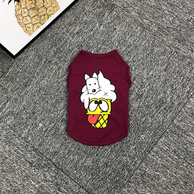 Blue cotton summer vest for small dog on white background with peacock colour options
