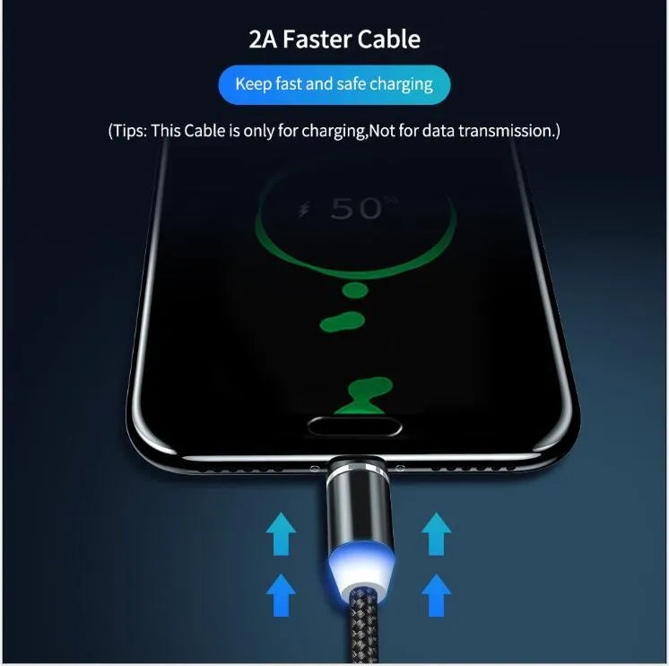 YBD black and red magnetic charging cable with cotton braid and LED light on a table
