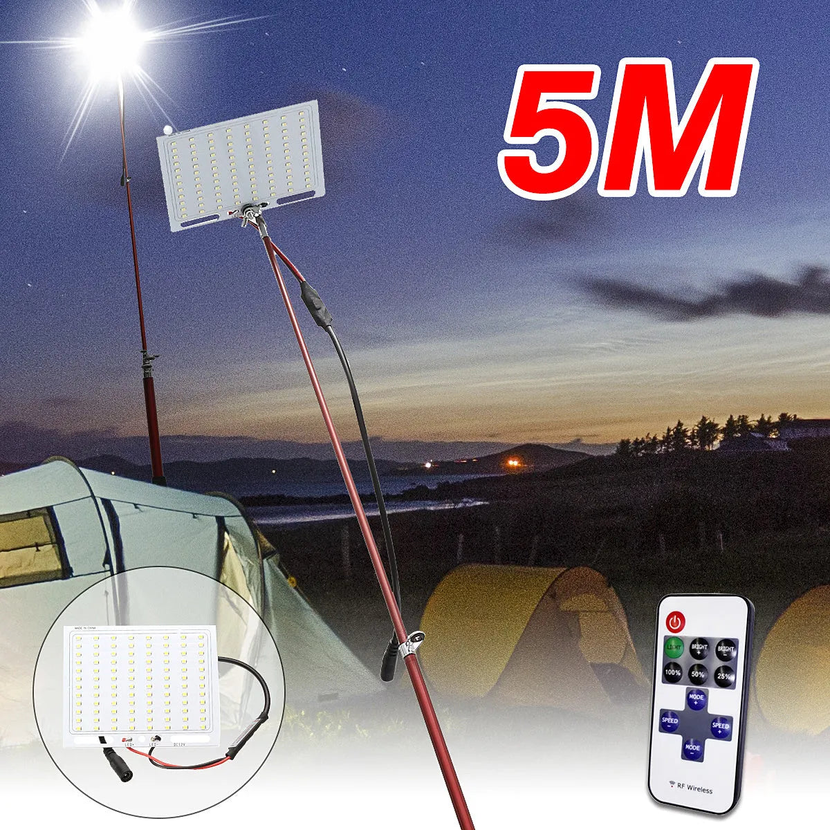 White LED fishing rod light with telescopic pole extended, showing remote control and connection cables