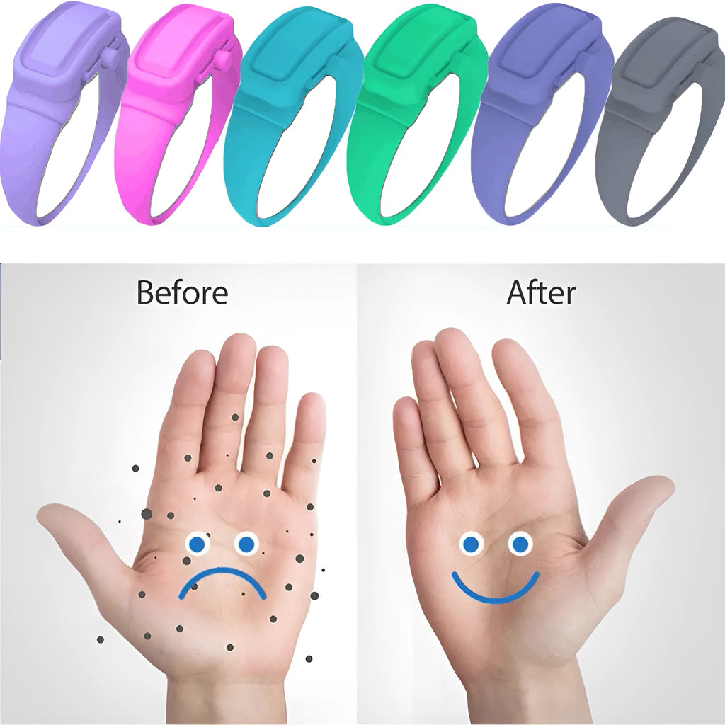 Portable hand sanitizer dispenser bracelet in silicone TPU with two refill caps, shown on a wrist