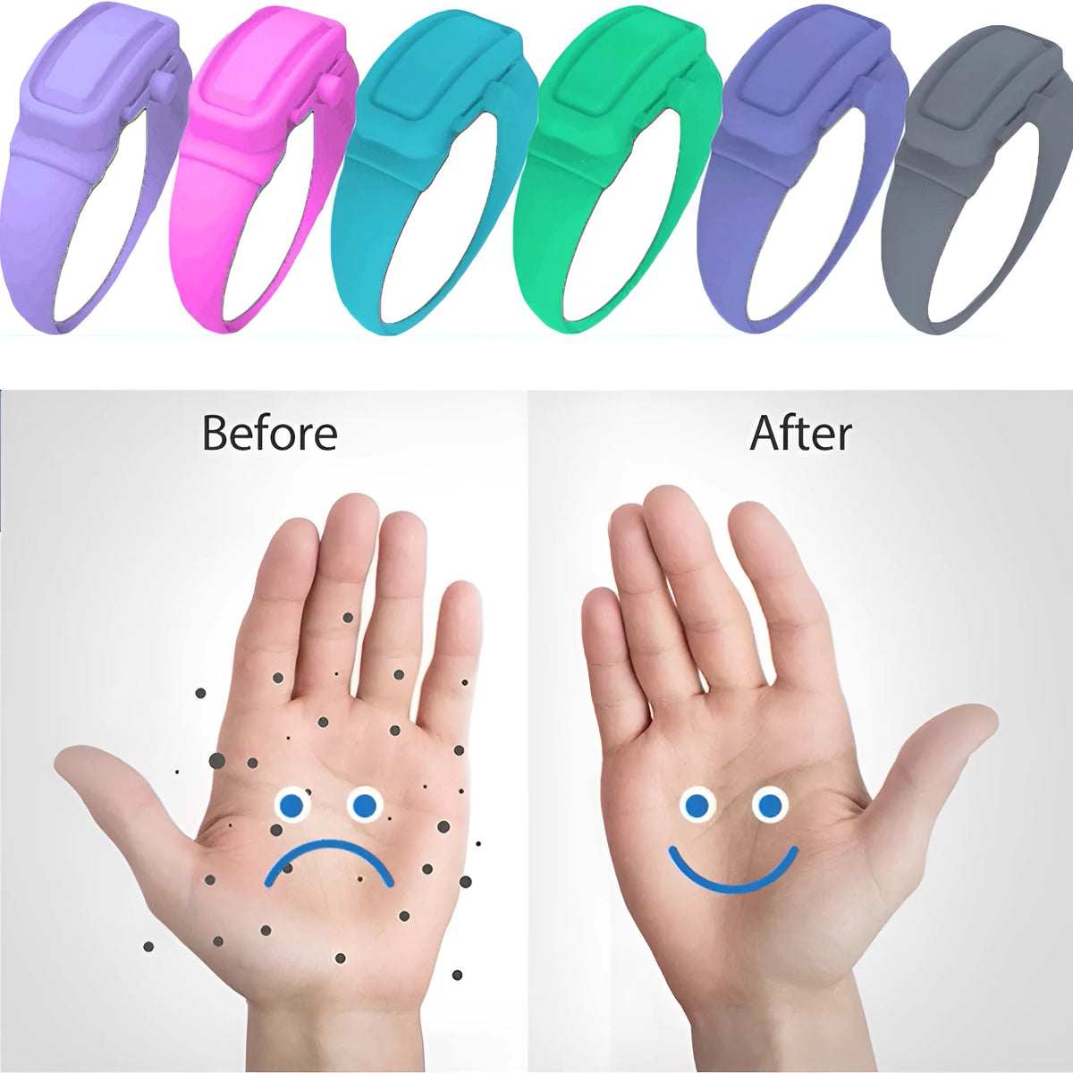Portable hand sanitizer dispenser bracelet in silicone TPU with two refill caps, shown on a wrist