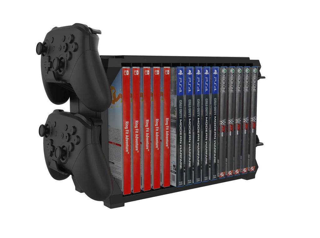 Black PS5 disc holder and stand with slots for game cartridges and four controller docks