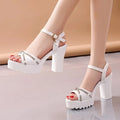 Women's black and white PU high heel sandals showing sizes 35-42