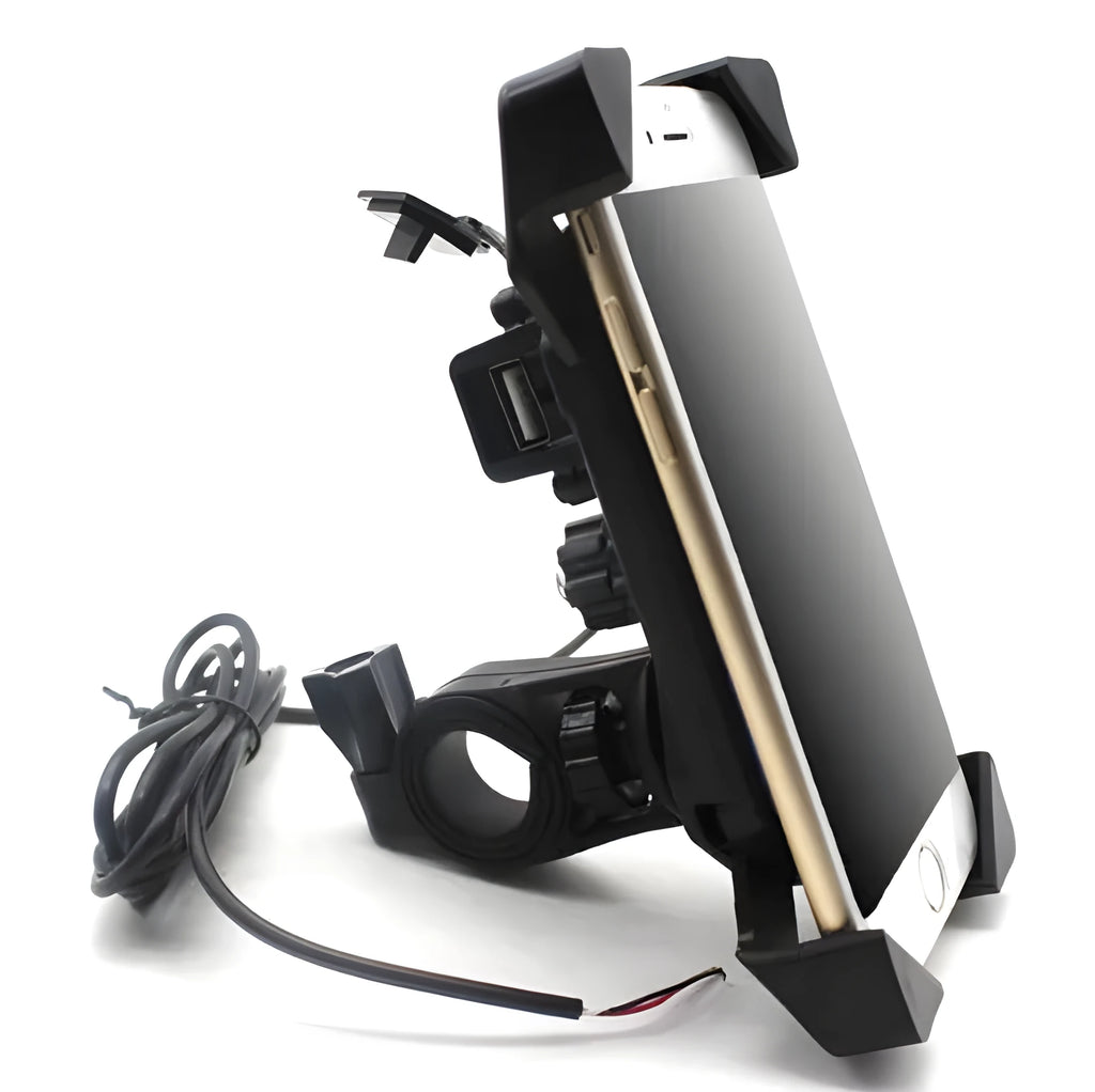 Black motorcycle phone holder mounted on handlebar with charging cable attached