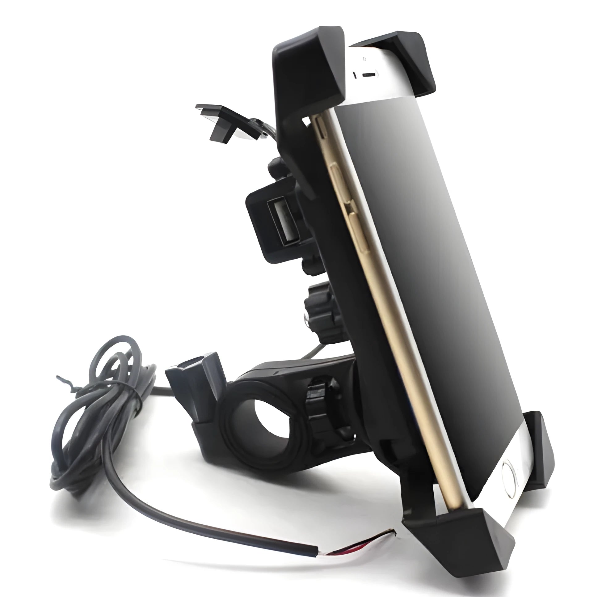 Black motorcycle phone holder mounted on handlebar with charging cable attached