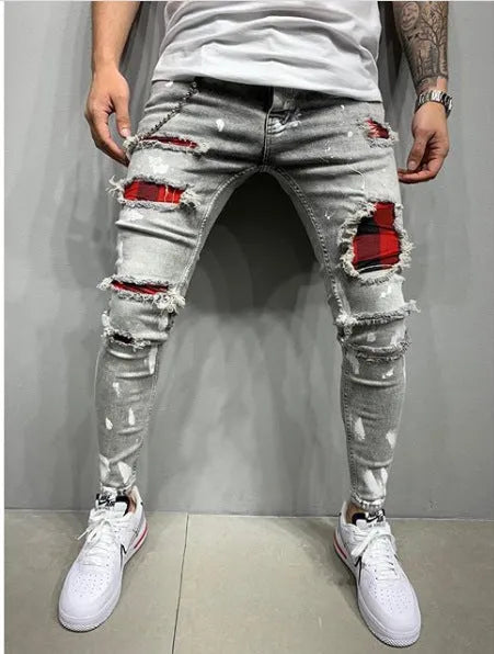 Men's cotton paint jeans straight leg black blue grey sizes S to 3XL