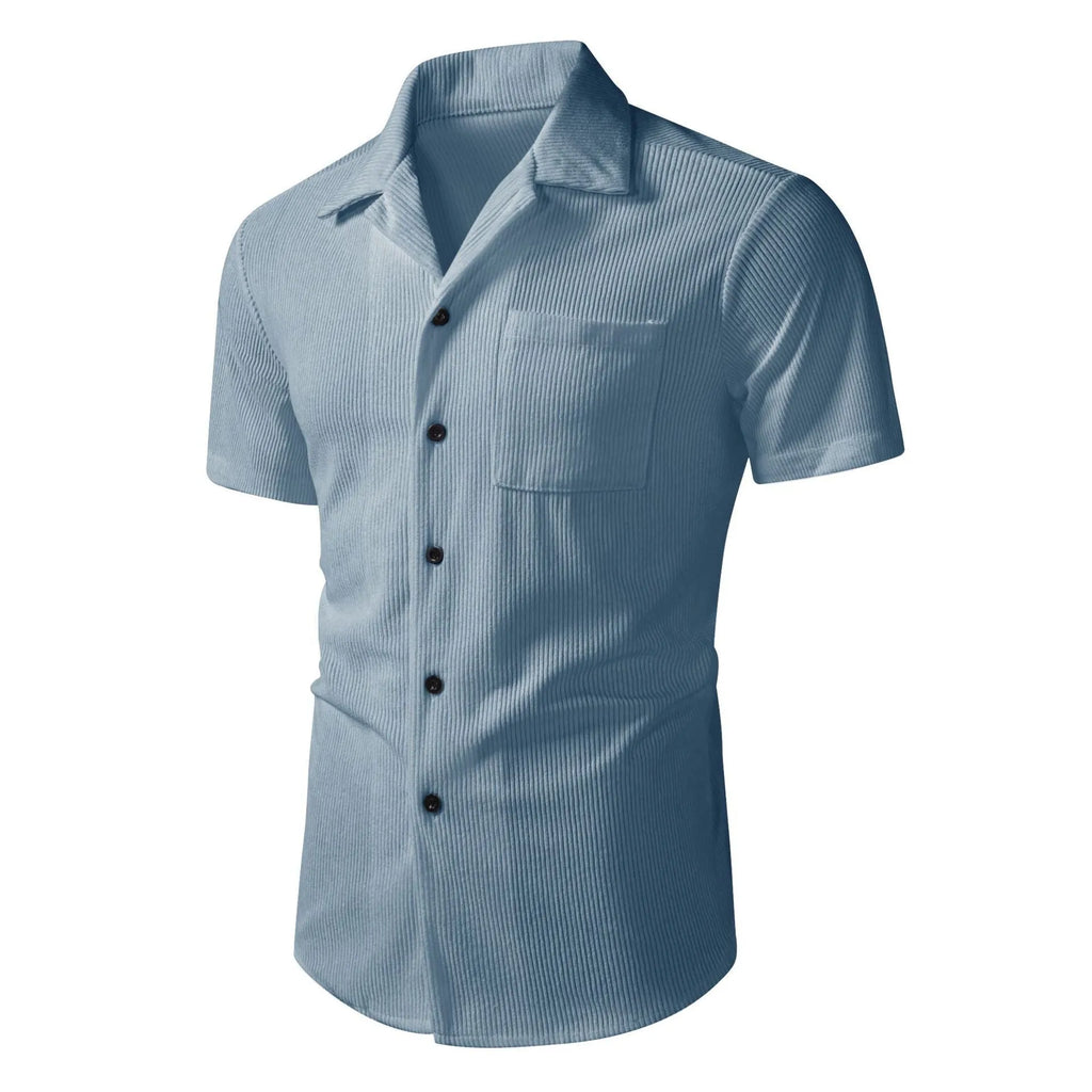 Men's casual short-sleeve corduroy open-front shirt in loose fit cardigan style, synthetic blend fabric