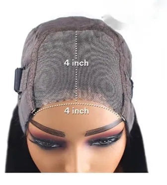 Glueless straight human hair wig with side bangs shown in 180% density and 22-inch length.