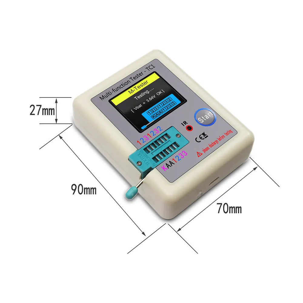 LCR-TC1 multi-function transistor tester with full colour screen showing component test results on portable 90x70x10mm device