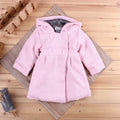 Girls' hooded winter coat in pink, purple or shrimp pink, sizes 80cm to 100cm with size chart.