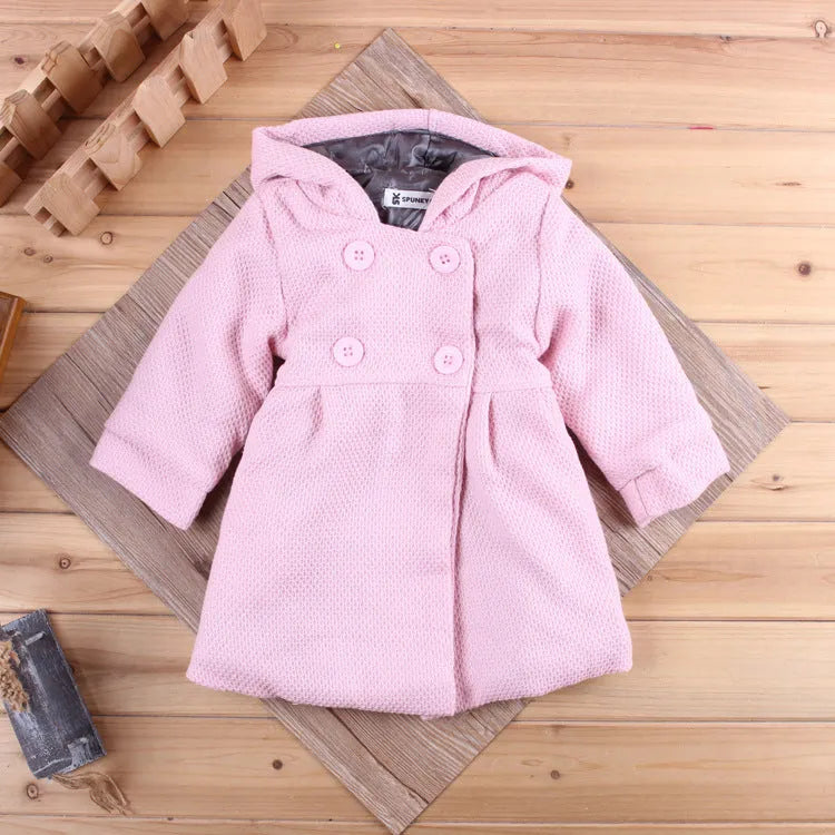 Girls' hooded winter coat in pink, purple or shrimp pink, sizes 80cm to 100cm with size chart.