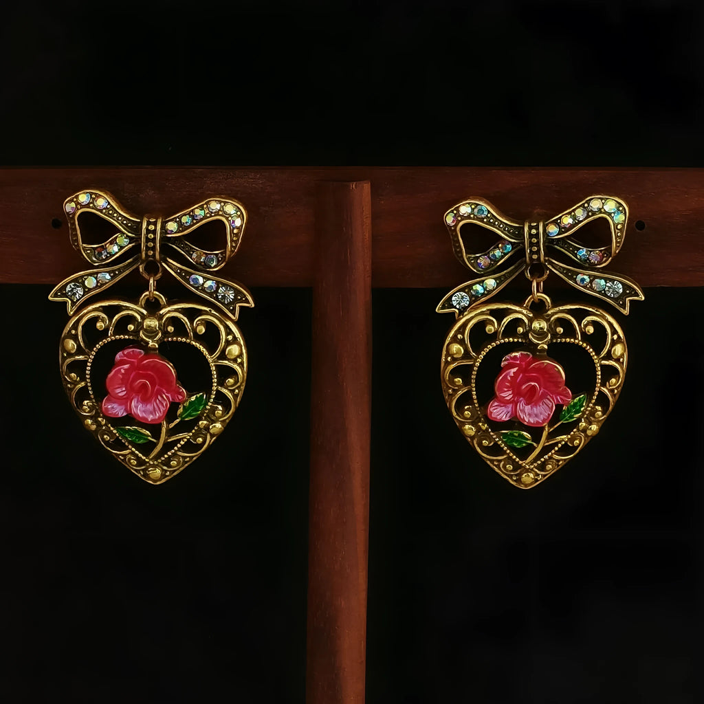 Inlaid zirconium bow hollow pattern love heart rose eardrop earring in copper alloy Chinese style earplug