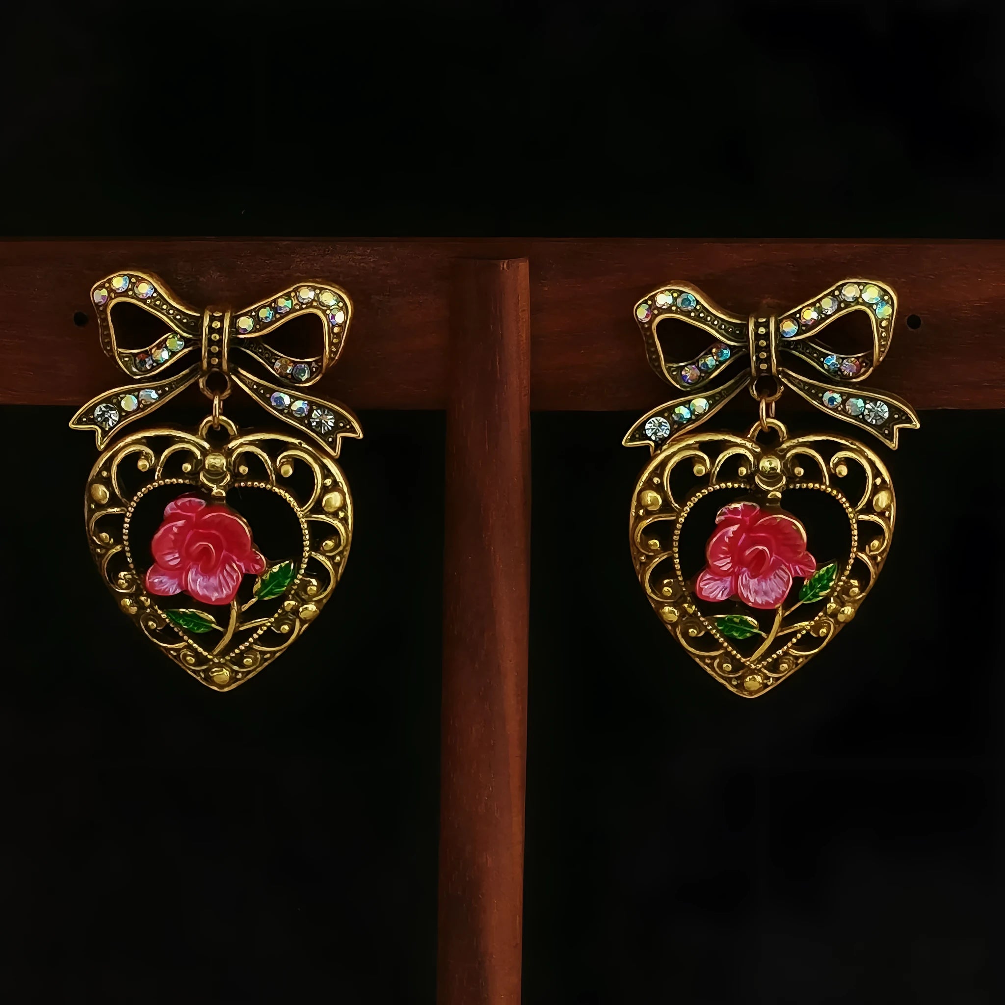 Inlaid zirconium bow hollow pattern love heart rose eardrop earring in copper alloy Chinese style earplug