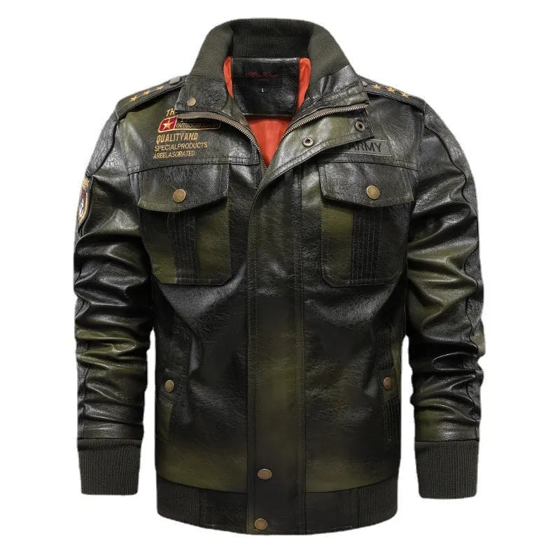 Men's PU leather jacket with stand-up collar, slim fit, short length, available in brown, black, and army green