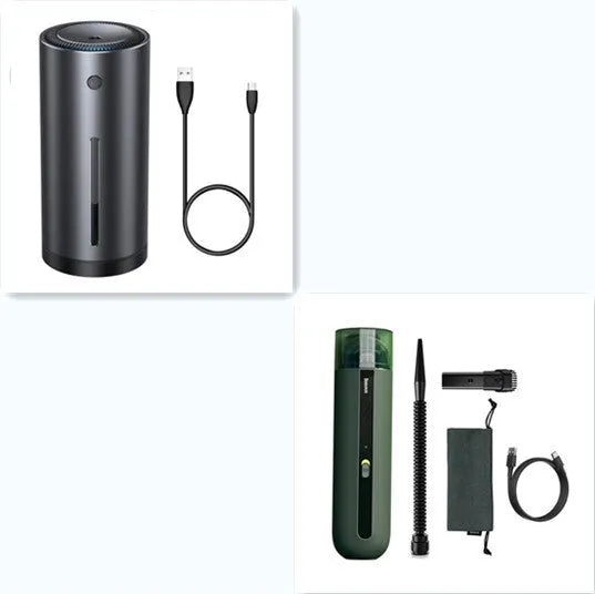 Wireless handheld car vacuum cleaner with blowing hose and HEPA filter.