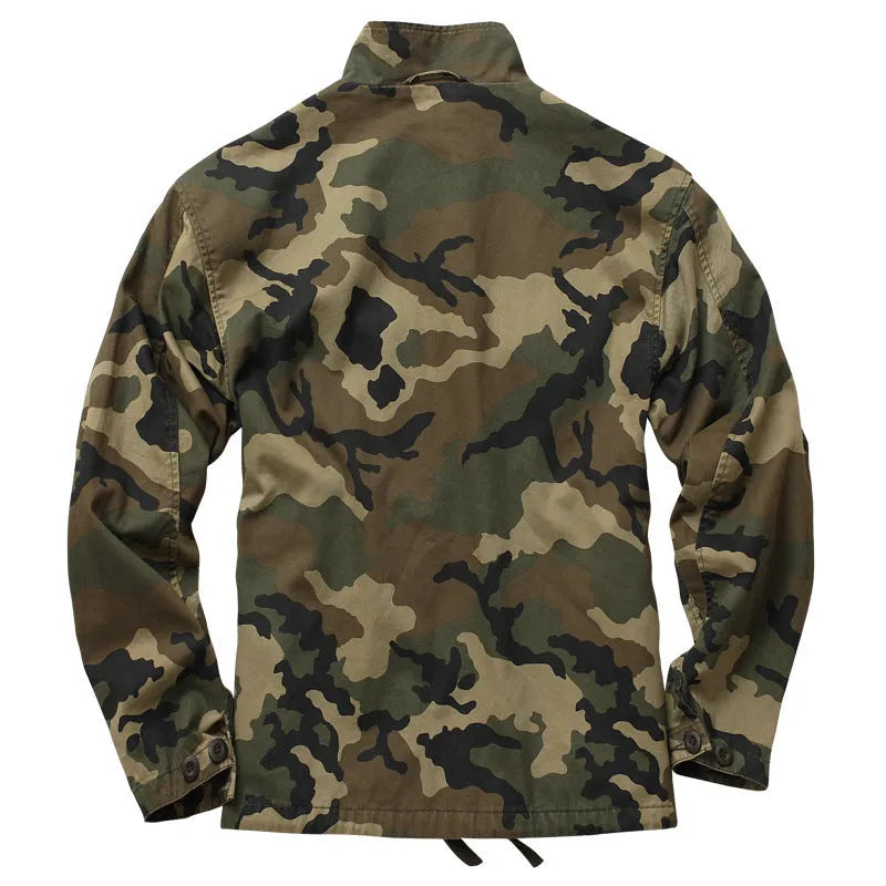 Cotton camouflage jacket with 95% cotton main fabric and lining, shown in six colourways and sizes M to 3XL