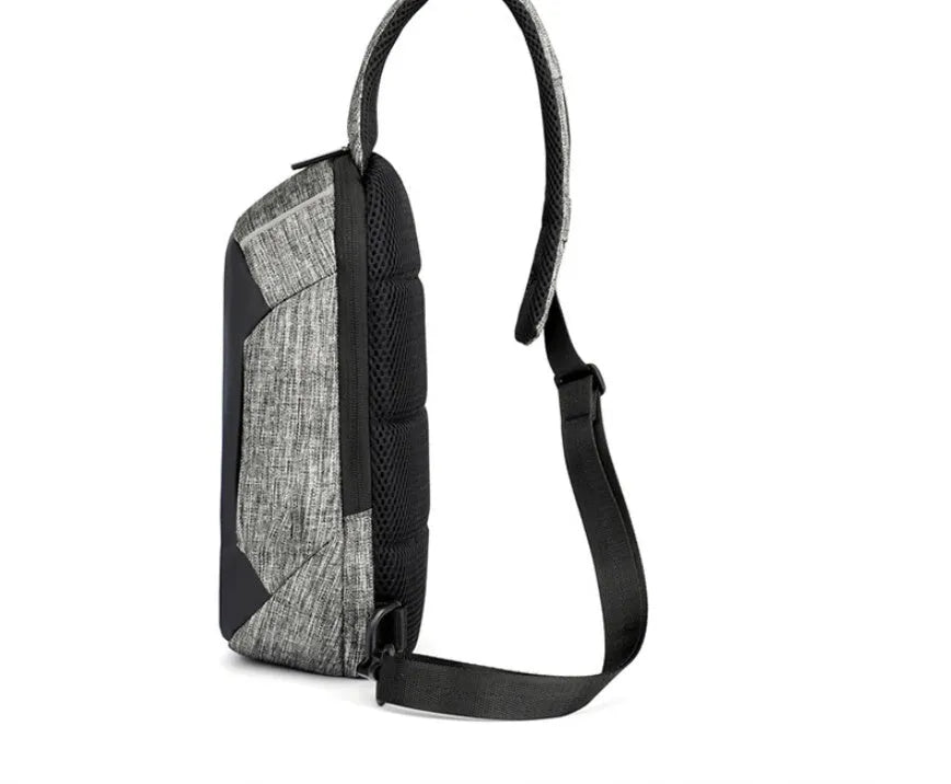 Oxford cloth waterproof chest bag showing front zipper opening and adjustable strap in dark blue colour