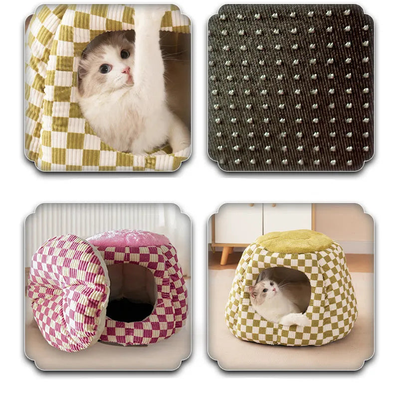 Closed cat kennel in green made from drawing flannel with PP cotton filling, 48 x 48 cm size, for cats up to 7 kg