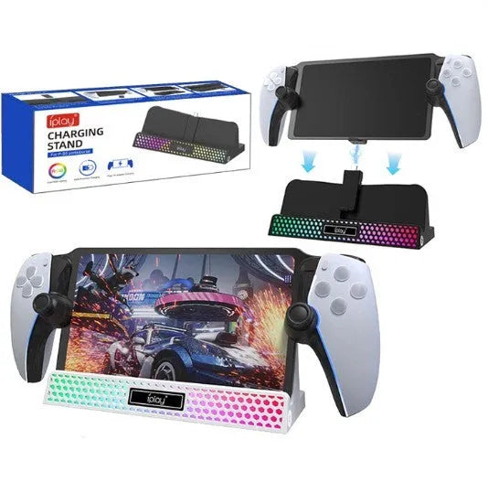 PS5 Portal charging base with RGB lamp, black, next to a PS5 Portal controller