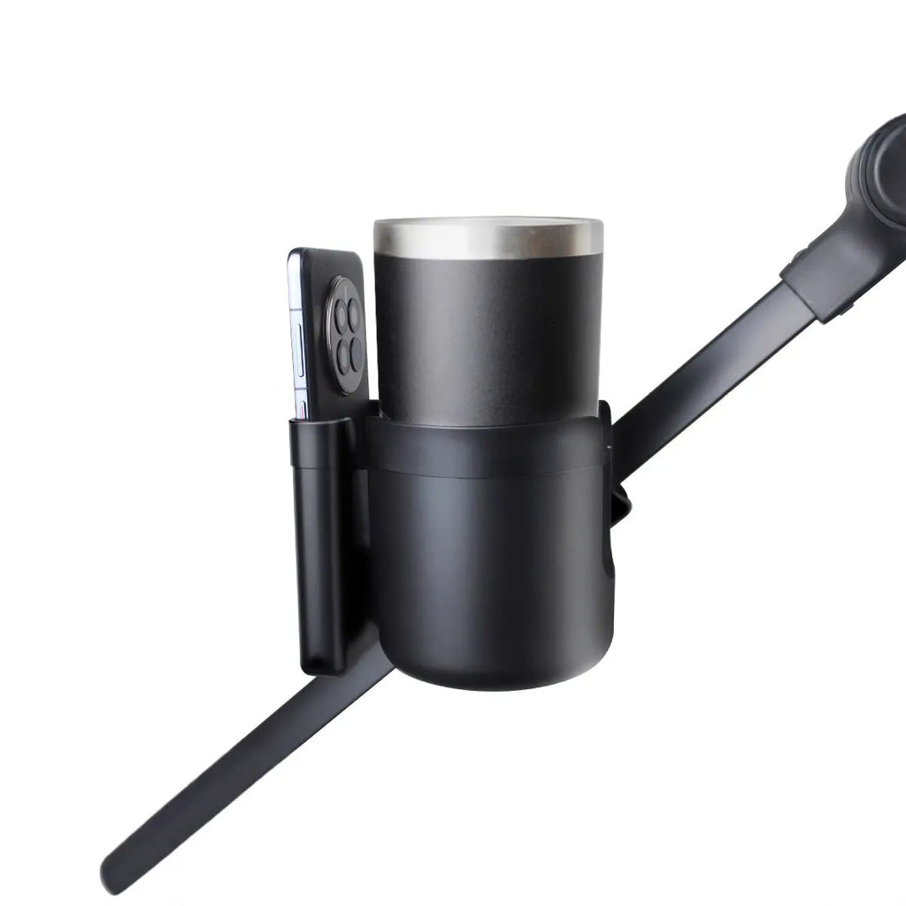 2-in-1 baby stroller cup holder in gray silicone and ABS on a black pushchair handle