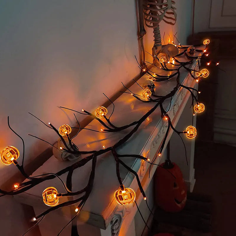 Halloween LED willow vine string light with 100 cartoon bat and pumpkin rattan lanterns on a 2-metre vine for indoor outdoor decor