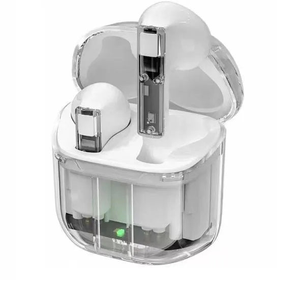 Transparent space capsule case true wireless Bluetooth headset showing internal components