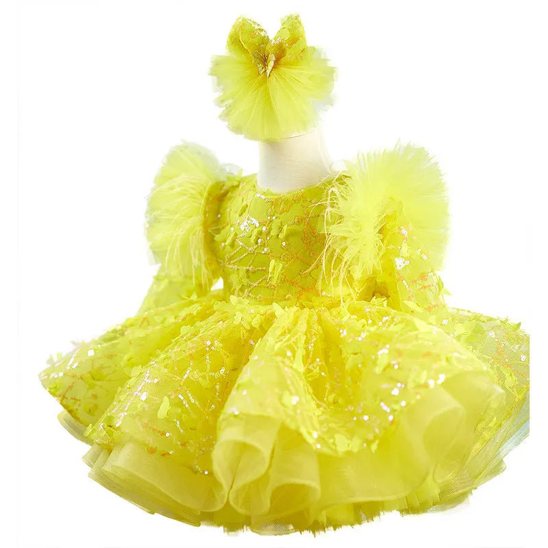 Girls princess costume dress in yellow short sleeve version, suitable for catwalk and piano performance
