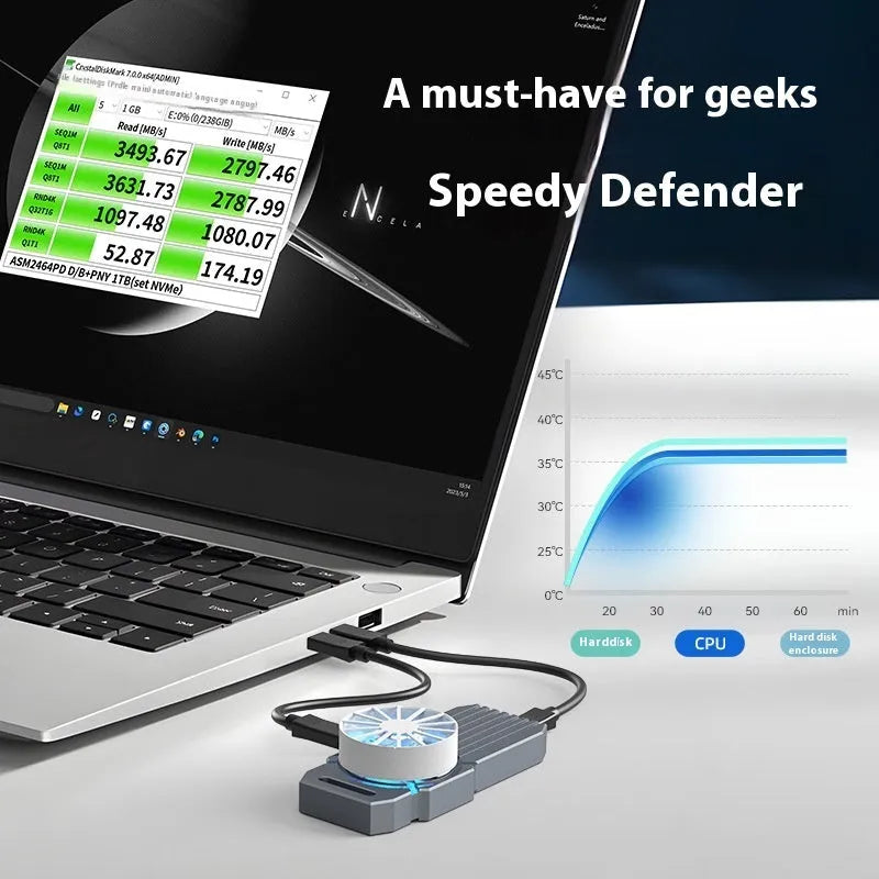 Black aluminium USB4 external hard drive enclosure for NVMe M.2 SSDs on a grey background.