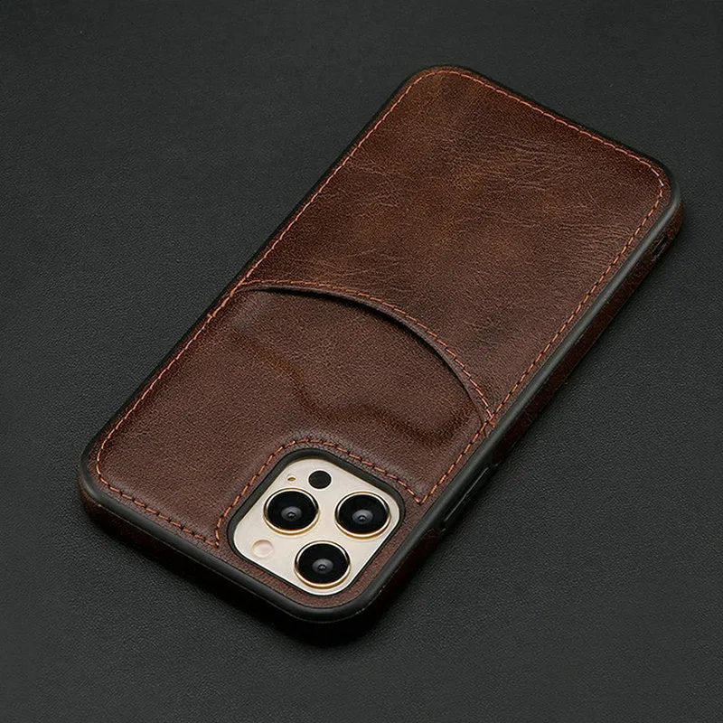 Dark blue PU leather protective case for iPhone models including iPhone 14 Pro Max and iPhone 13.