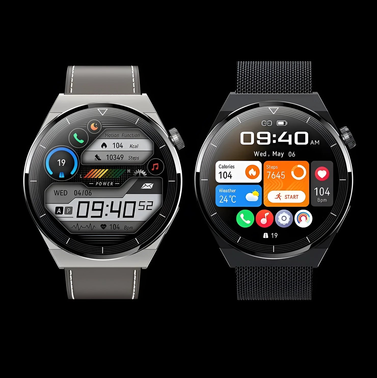 Round black smart watch with silicone strap displaying a home screen on its colour display.