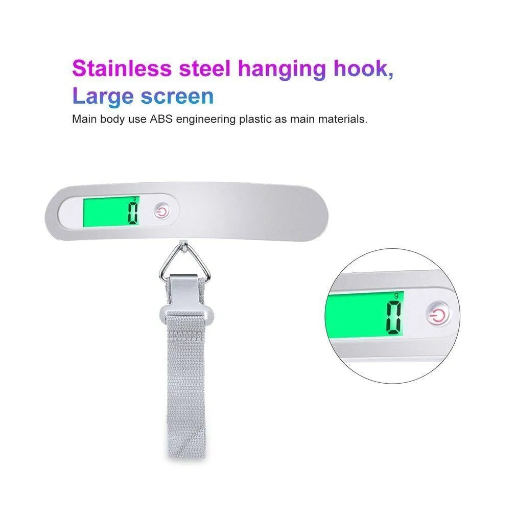 Silver portable LCD digital luggage scale with belt on handle, 50kg capacity