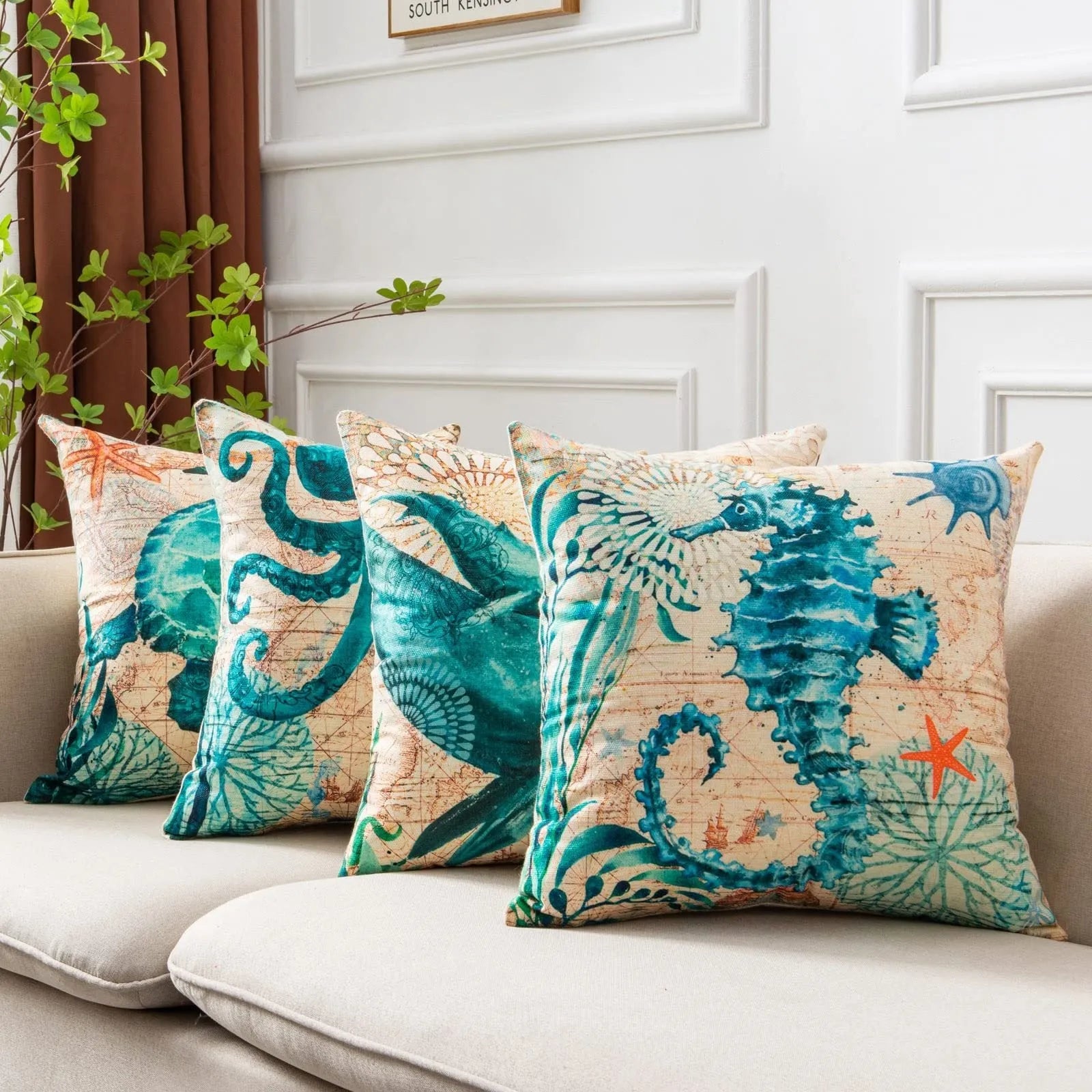 45cm square linen cushion cover with sea turtle pattern and invisible zipper